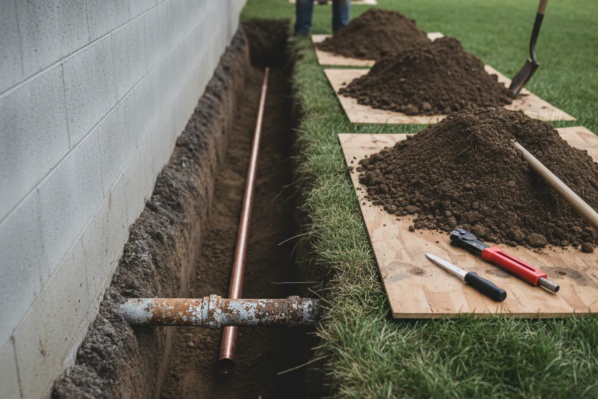 Excavated water line trench during Sewer Line Repair in Sylvester